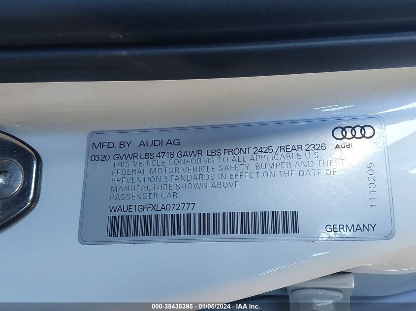 2020 Audi S3 Premium Plus Tfsi Quattro S Tronic VIN: WAUE1GFFXLA072777 Lot: 38435395