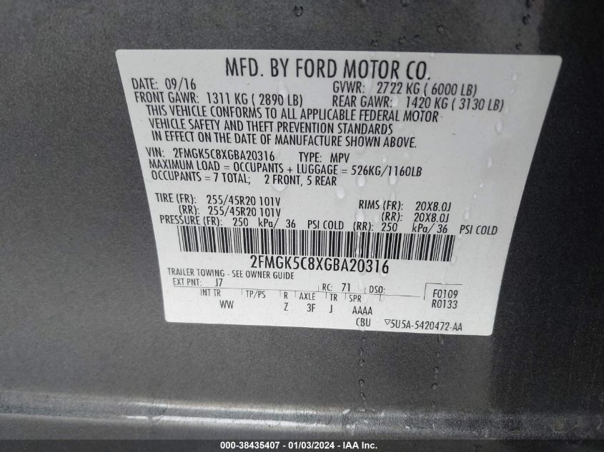 2FMGK5C8XGBA20316 2016 Ford Flex Sel