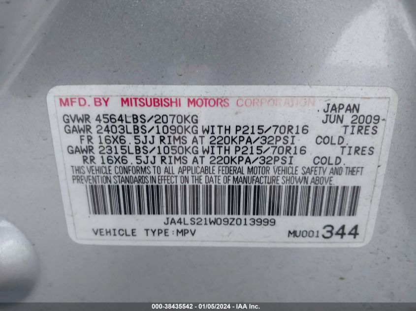 2009 Mitsubishi Outlander Es VIN: JA4LS21W09Z013999 Lot: 38435542