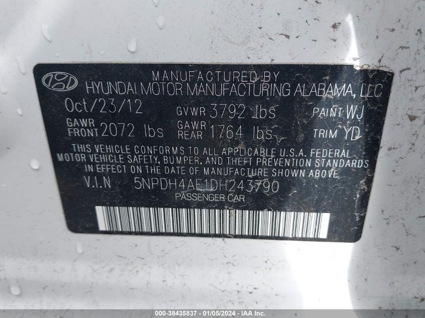 5NPDH4AE1DH243790 2013 Hyundai Elantra Limited