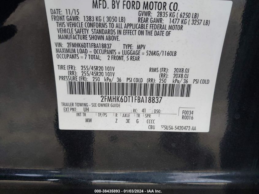 2015 Ford Flex Limited VIN: 2FMHK6DT1FBA18837 Lot: 38435893