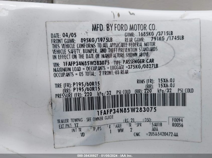 1FAFP34N85W283075 2005 Ford Focus Zx4