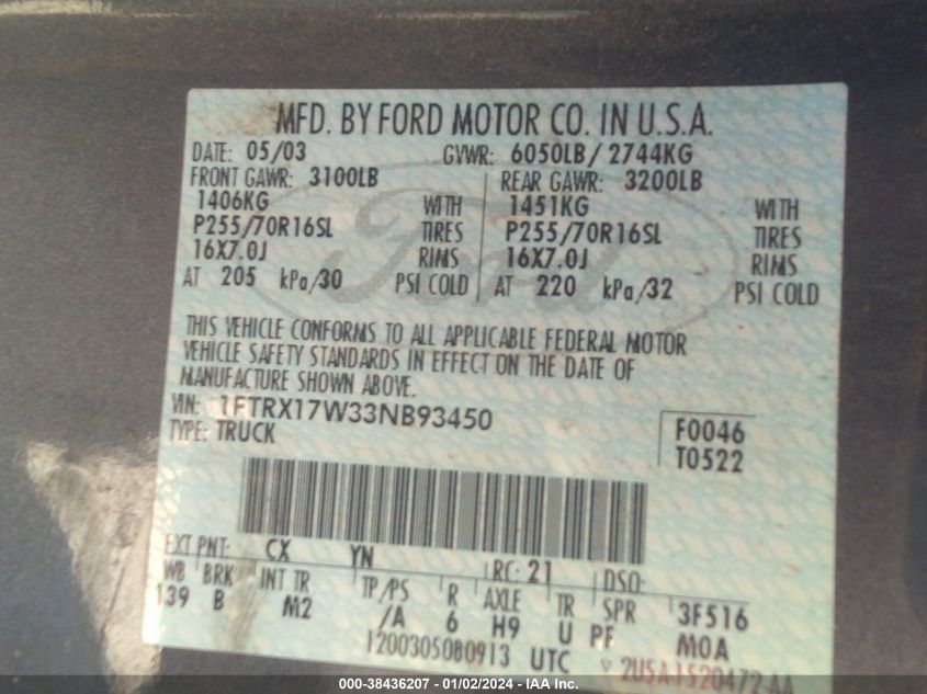 1FTRX17W33NB93450 2003 Ford F-150 Lariat/Xl/Xlt