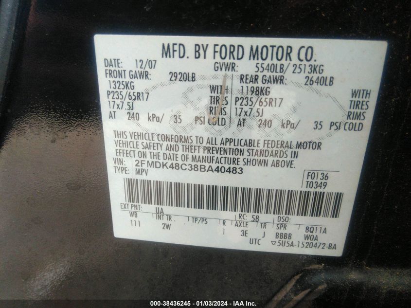 2FMDK48C38BA40483 2008 Ford Edge Sel