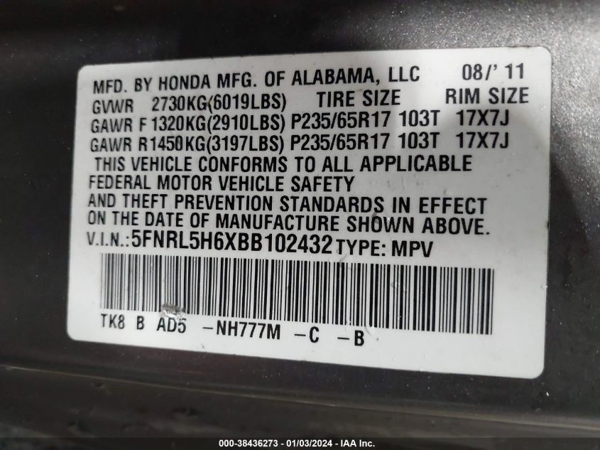 5FNRL5H6XBB102432 2011 Honda Odyssey Ex-L