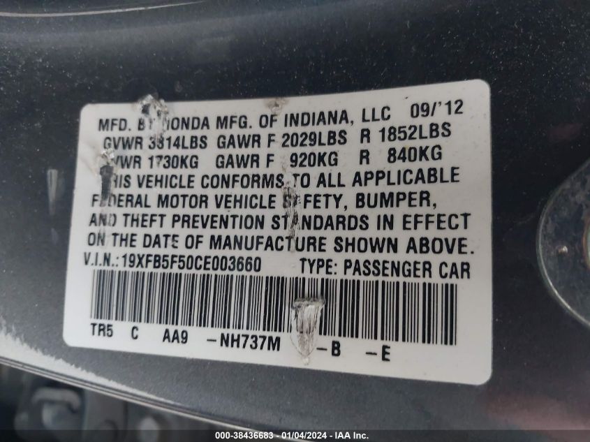 2012 Honda Civic Natural Gas VIN: 19XFB5F50CE003660 Lot: 38436683