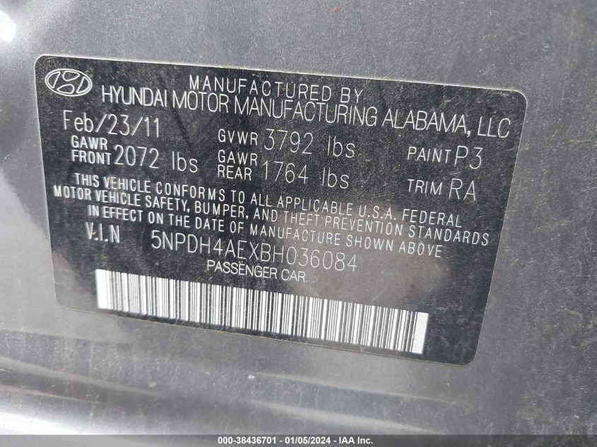 5NPDH4AEXBH036084 2011 Hyundai Elantra Gls