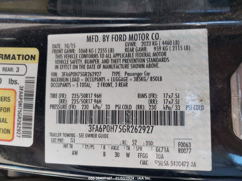 3FA6P0H75GR262927 2016 Ford Fusion Se