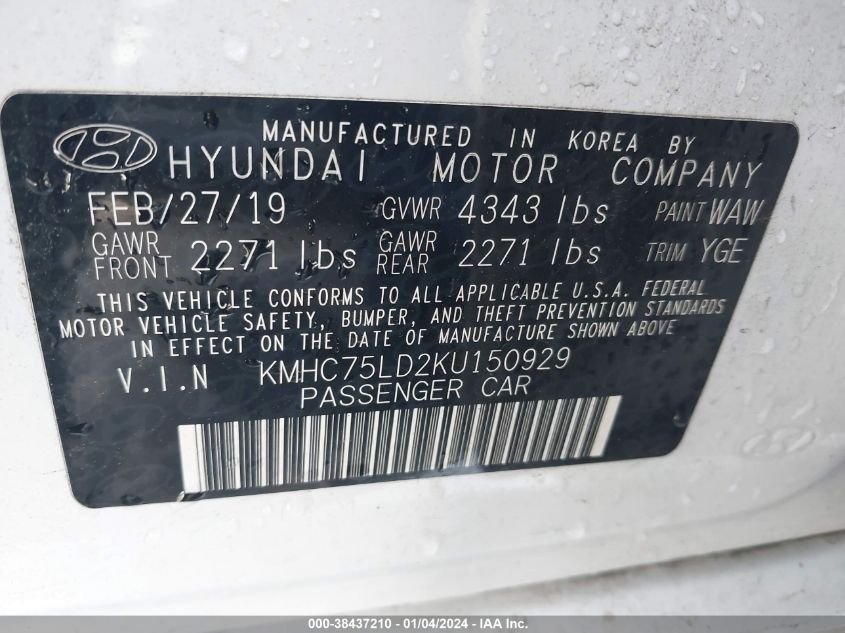 KMHC75LD2KU150929 2019 Hyundai Ioniq Plug-In Hybrid Limited