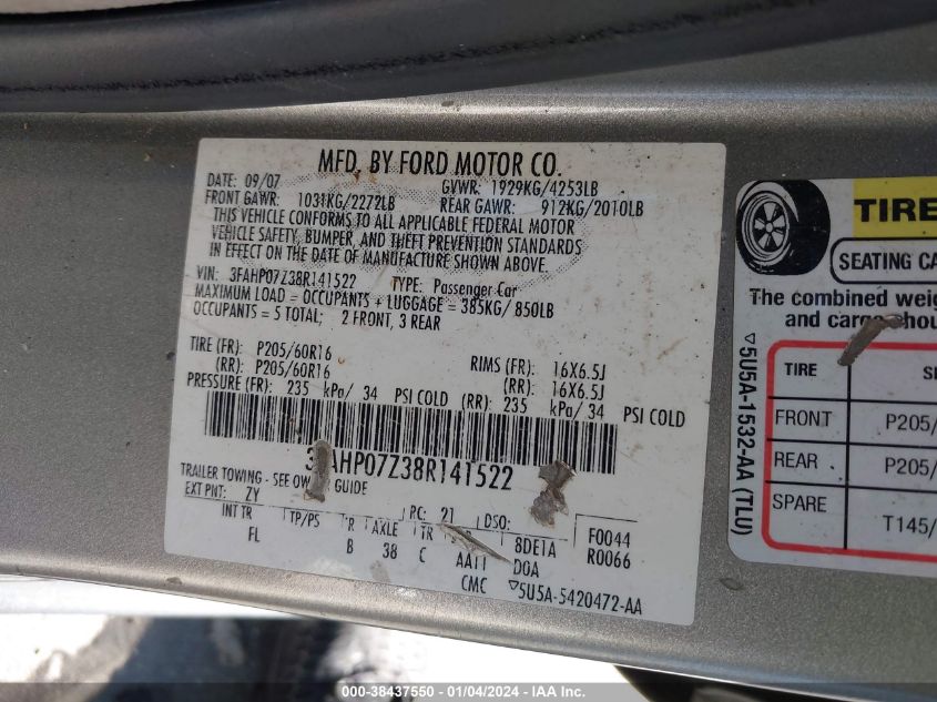 3FAHP07Z38R141522 2008 Ford Fusion Se