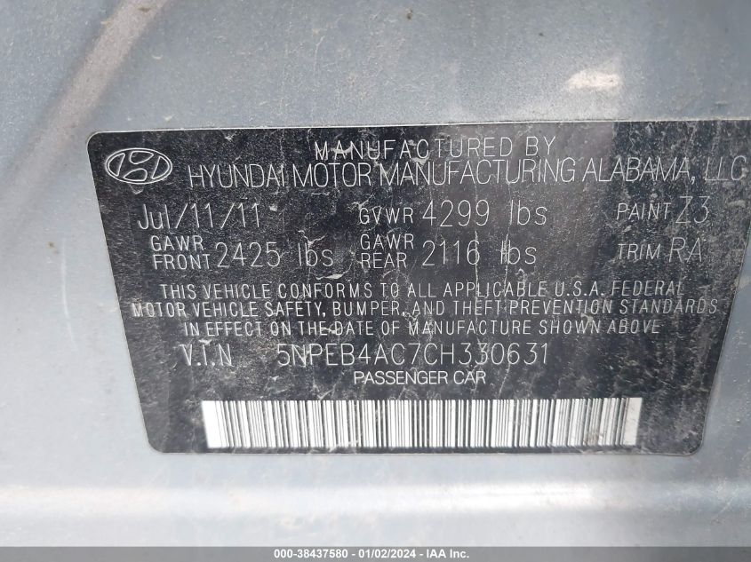 2012 Hyundai Sonata Gls VIN: 5NPEB4AC7CH330631 Lot: 38437580