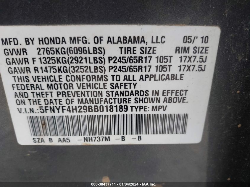 2011 Honda Pilot Lx VIN: 5FNYF4H29BB018189 Lot: 38437711