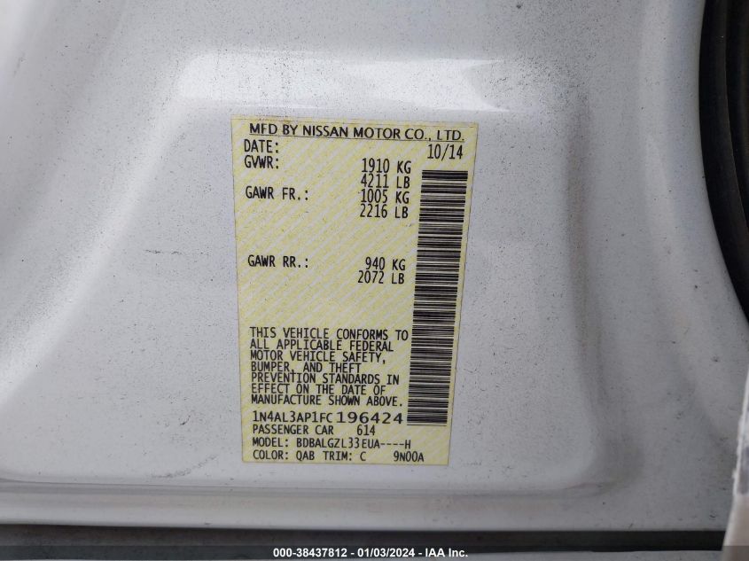 1N4AL3AP1FC196424 2015 Nissan Altima 2.5 S