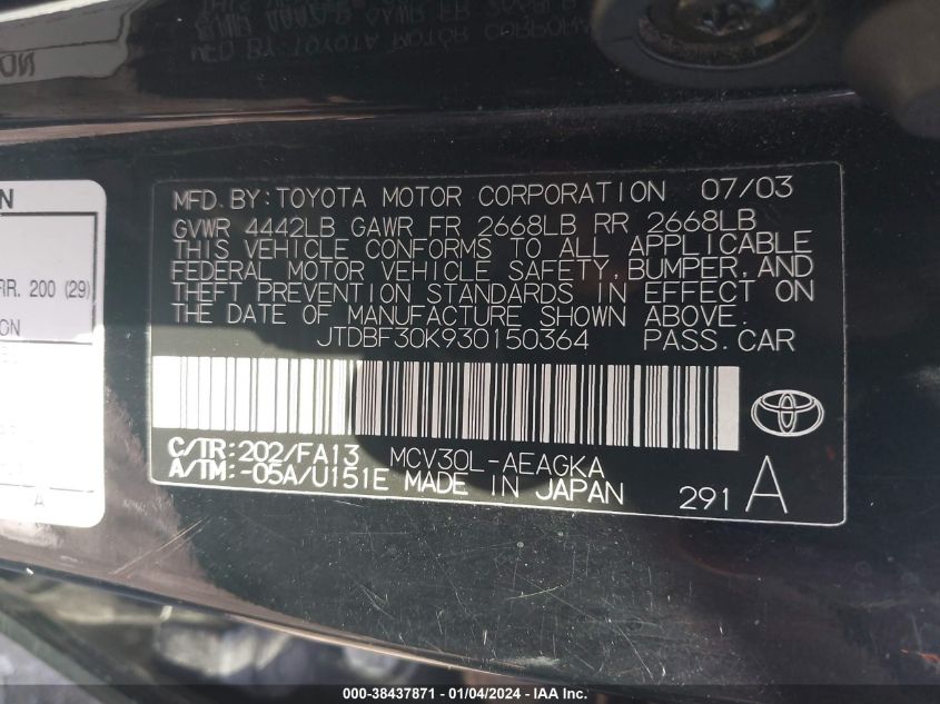 JTDBF30K930150364 2003 Toyota Camry Xle