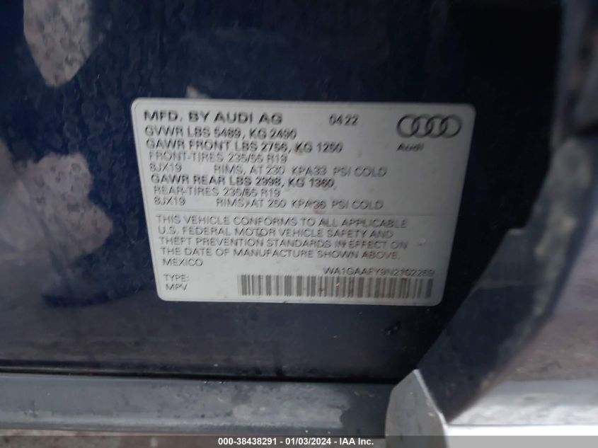 WA1GAAFY9N2102269 2022 Audi Q5 Premium 45 Tfsi S Line Quattro S Tronic