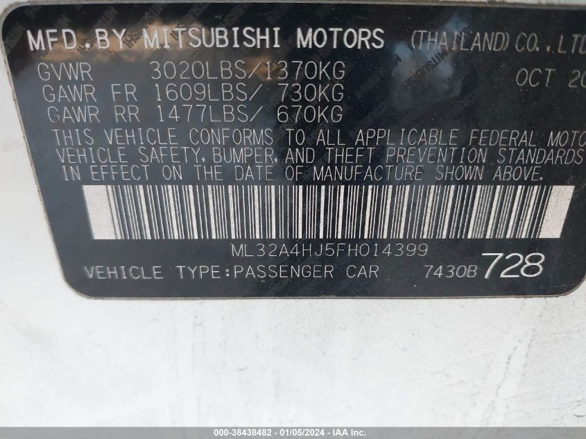 ML32A4HJ5FH014399 2015 Mitsubishi Mirage Es/Rf