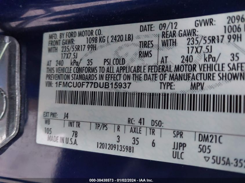 1FMCU0F77DUB15937 2013 Ford Escape S