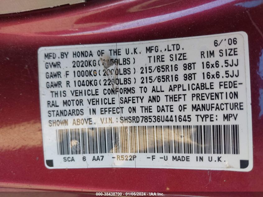 SHSRD78536U441645 2006 Honda Cr-V Lx