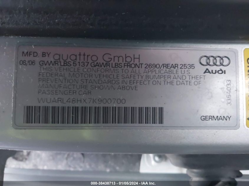 WUARL48HX7K900700 2007 Audi S4