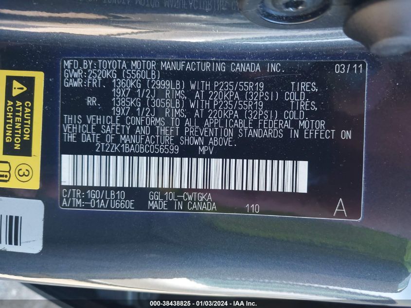 2T2ZK1BA0BC056599 2011 Lexus Rx 350