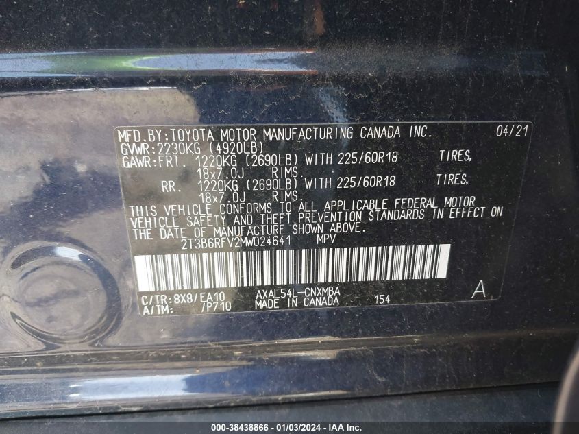 2T3B6RFV2MW024641 2021 Toyota Rav4 Xle Premium Hybrid