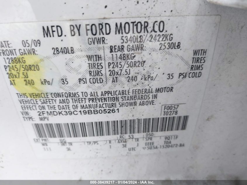 2FMDK39C19BB05261 2009 Ford Edge Limited