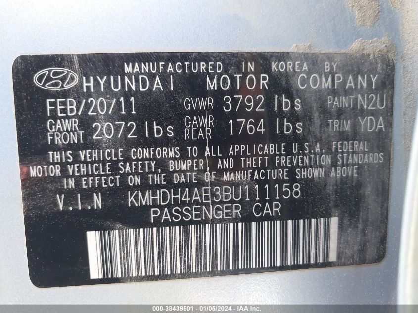 2011 Hyundai Elantra Gls (Ulsan Plant) VIN: KMHDH4AE3BU111158 Lot: 38439501