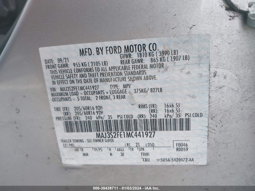 MAJ3S2FE1MC441927 2021 Ford Ecosport S