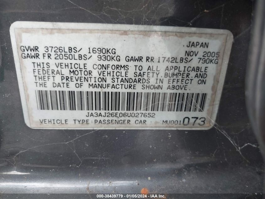 JA3AJ26E06U027652 2006 Mitsubishi Lancer Es/Se