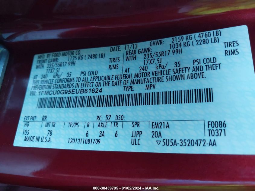 1FMCU0G95EUB61624 2014 Ford Escape Se