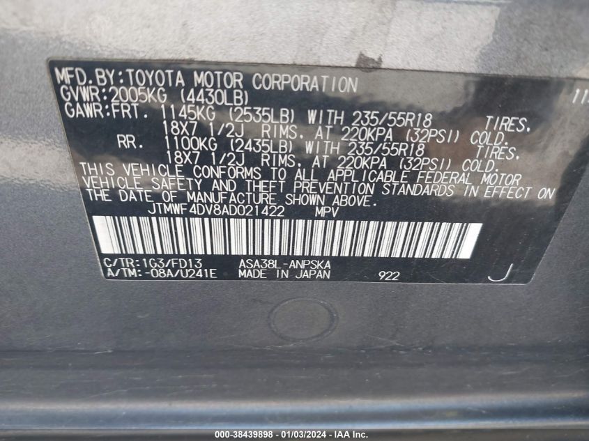 JTMWF4DV8AD021422 2010 Toyota Rav4 Sport