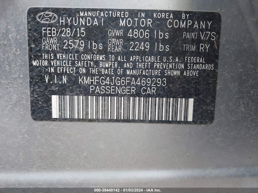 2015 Hyundai Azera VIN: KMHFG4JG6FA469293 Lot: 38440142