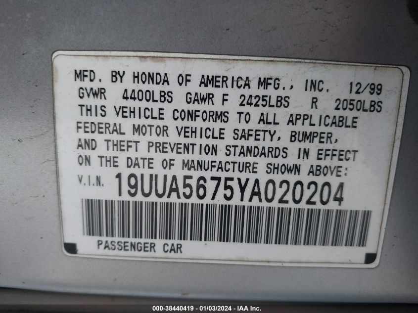 2000 Acura Tl 3.2 W/Navigation System (A5) VIN: 19UUA5675YA020204 Lot: 38440419