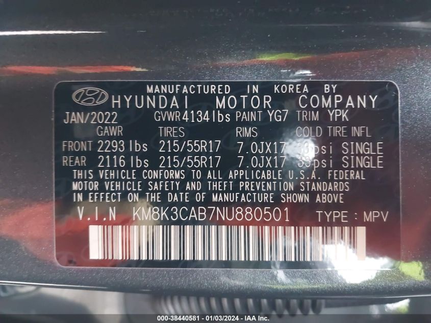 KM8K3CAB7NU880501 2022 Hyundai Kona Sel