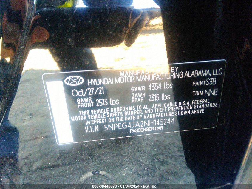 5NPEG4JA2NH145244 2022 Hyundai Sonata Se