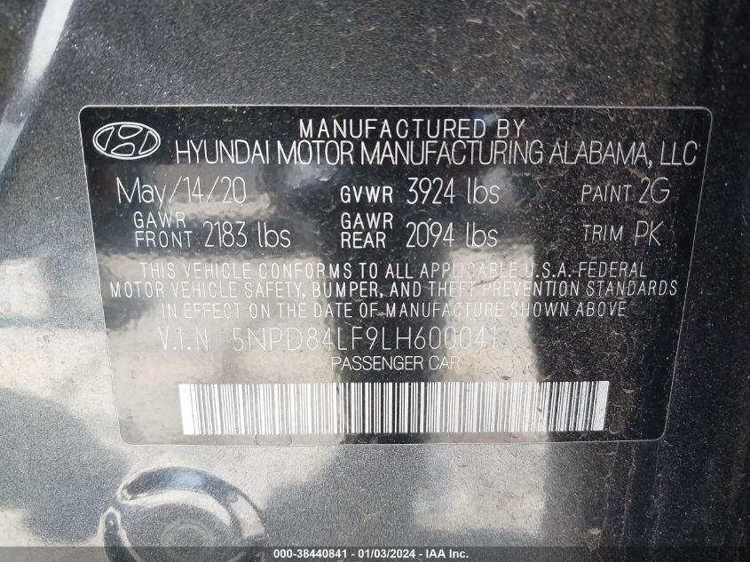 5NPD84LF9LH600041 2020 Hyundai Elantra Sel