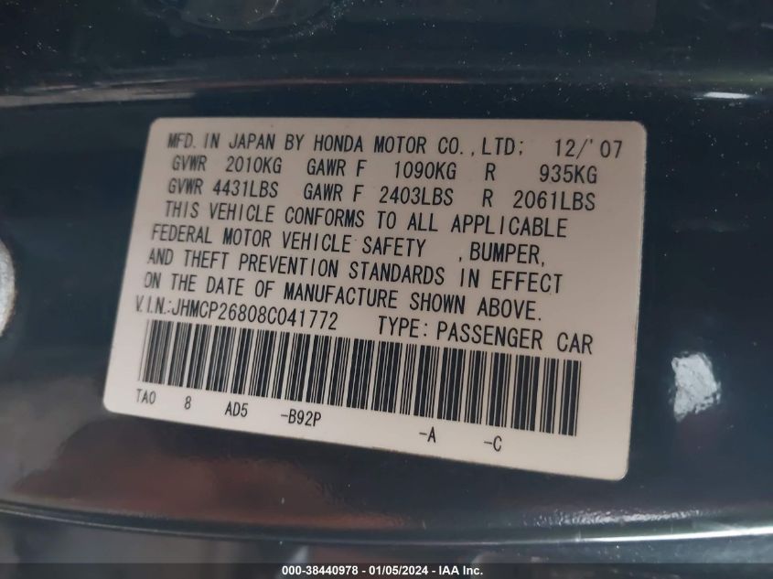 JHMCP26808C041772 2008 Honda Accord 2.4 Ex-L