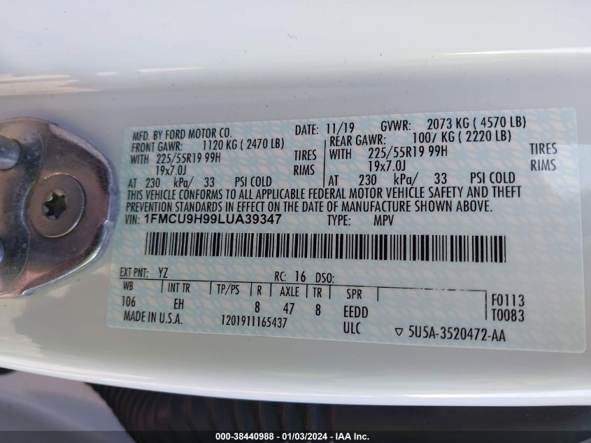 2020 Ford Escape Sel VIN: 1FMCU9H99LUA39347 Lot: 38440988