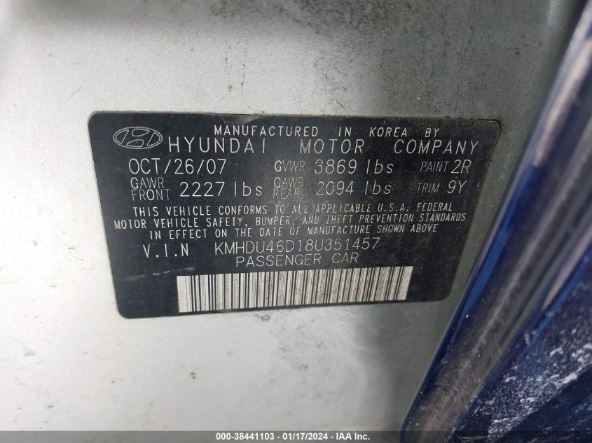 KMHDU46D18U351457 2008 Hyundai Elantra Gls/Se