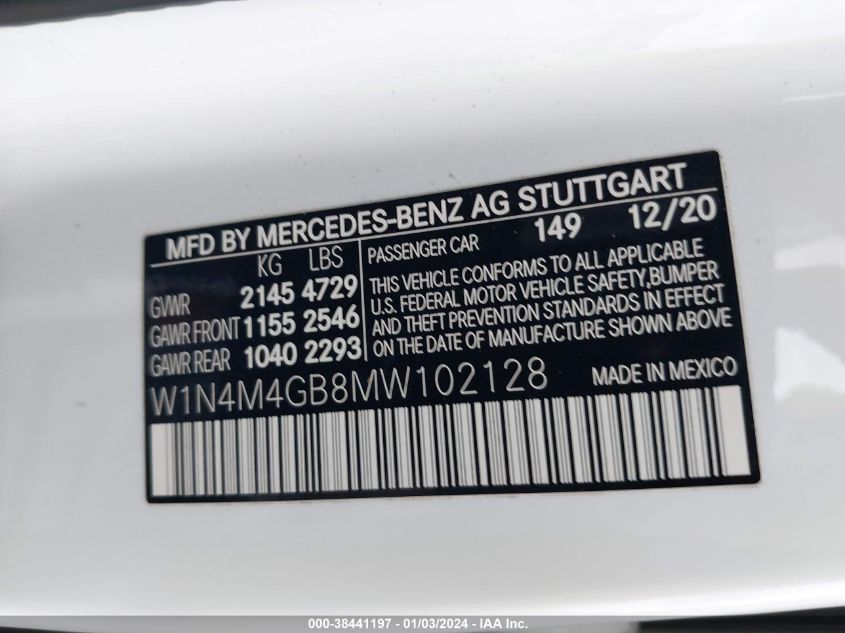 W1N4M4GB8MW102128 2021 Mercedes-Benz Glb 250