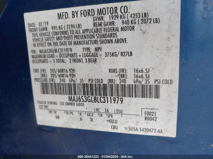 MAJ6S3GL8LC311979 2020 Ford Ecosport Se