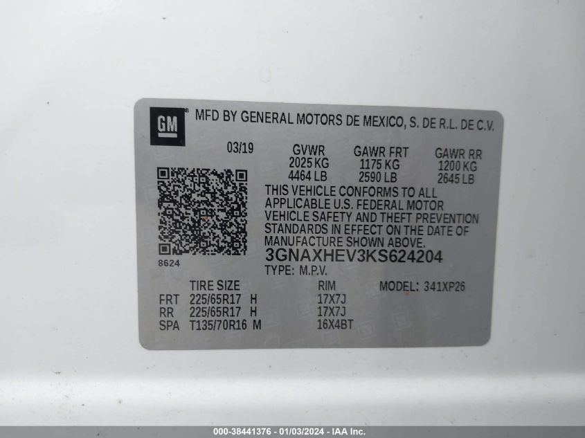 3GNAXHEV3KS624204 2019 Chevrolet Equinox Ls