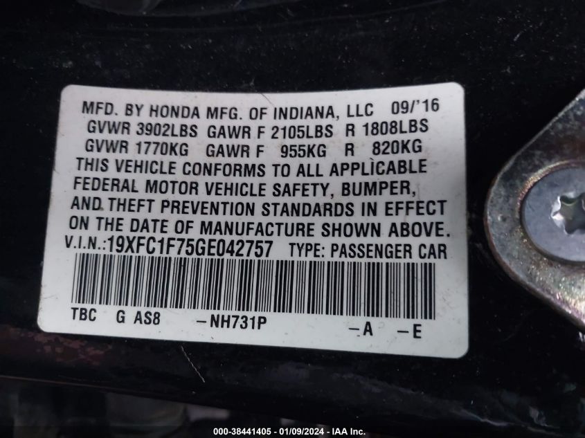 19XFC1F75GE042757 2016 Honda Civic Ex-L