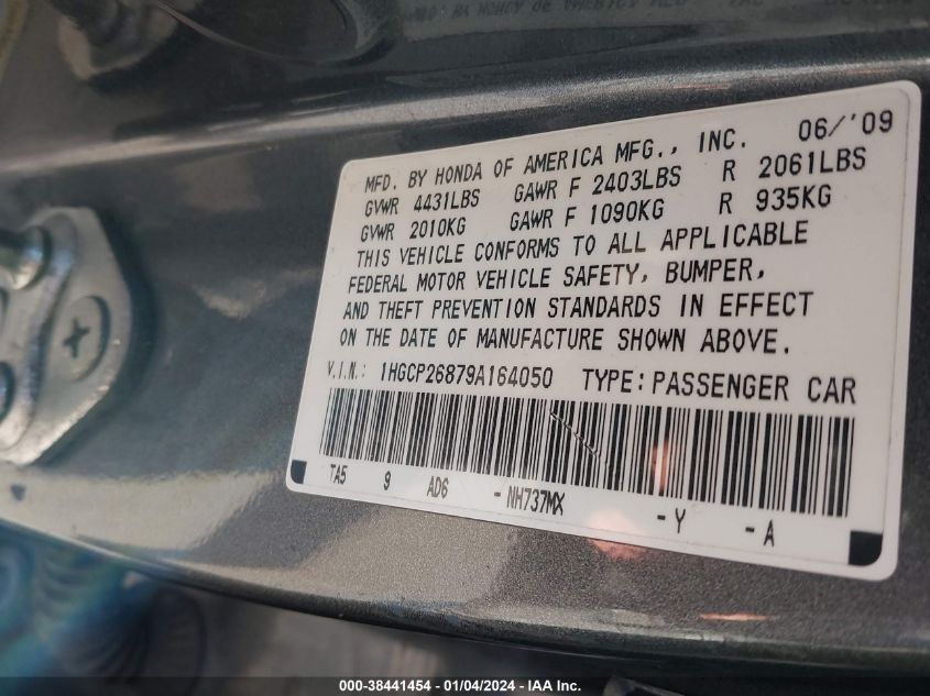 2009 Honda Accord 2.4 Ex-L VIN: 1HGCP26879A164050 Lot: 38441454