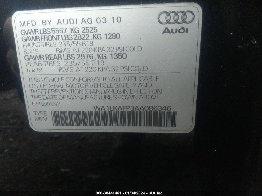 2010 Audi Q5 3.2 Premium VIN: WA1LKAFP3AA086346 Lot: 38870804