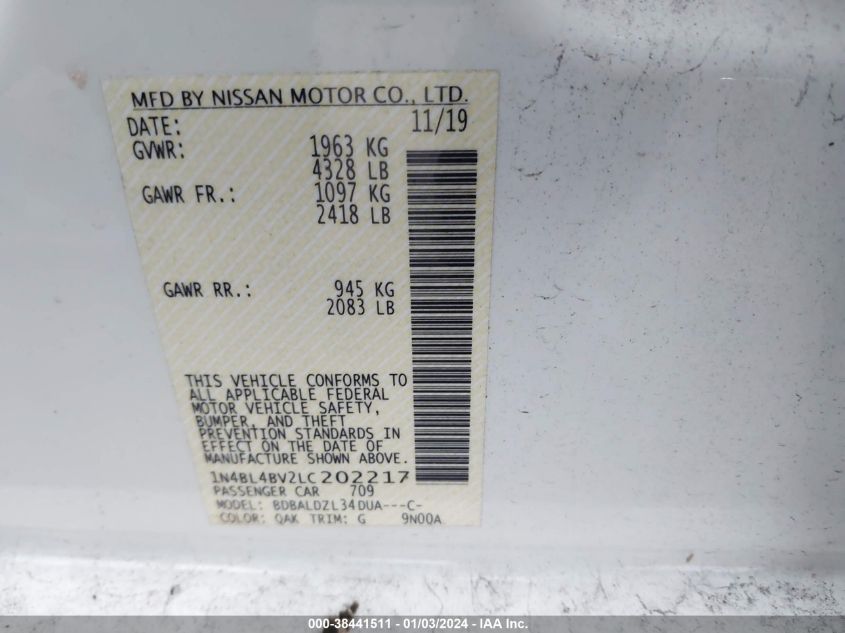 1N4BL4BV2LC202217 2020 Nissan Altima S Fwd