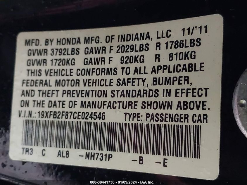 2012 Honda Civic Ex VIN: 19XFB2F87CE024546 Lot: 38441730