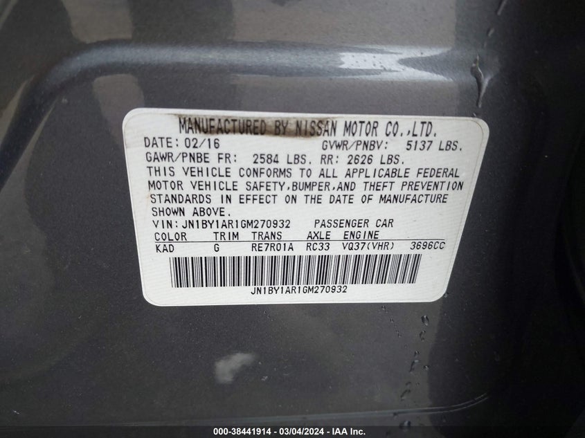 2016 INFINITI Q70 VIN: JN1BY1AR1GM270932