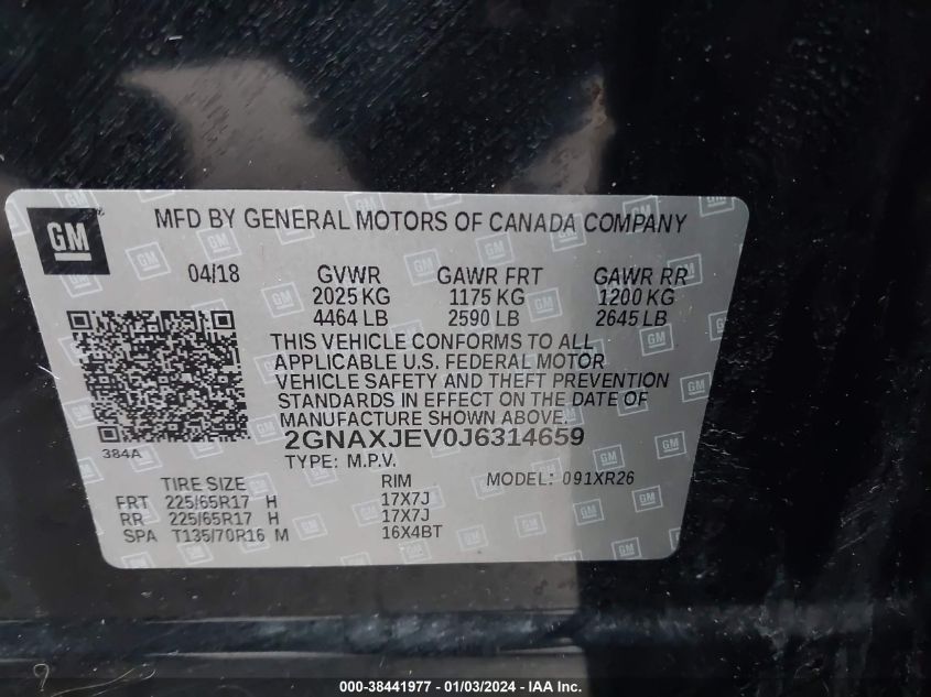 2GNAXJEV0J6314659 2018 Chevrolet Equinox Lt