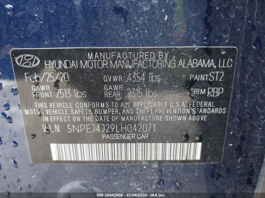 5NPEJ4J29LH042071 2020 Hyundai Sonata Sel Plus